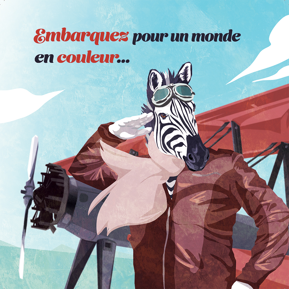 Couverture du livret illustré pour NCS Graphic Studio, une zèbre aviateur qui nous salue par Margot Huguet