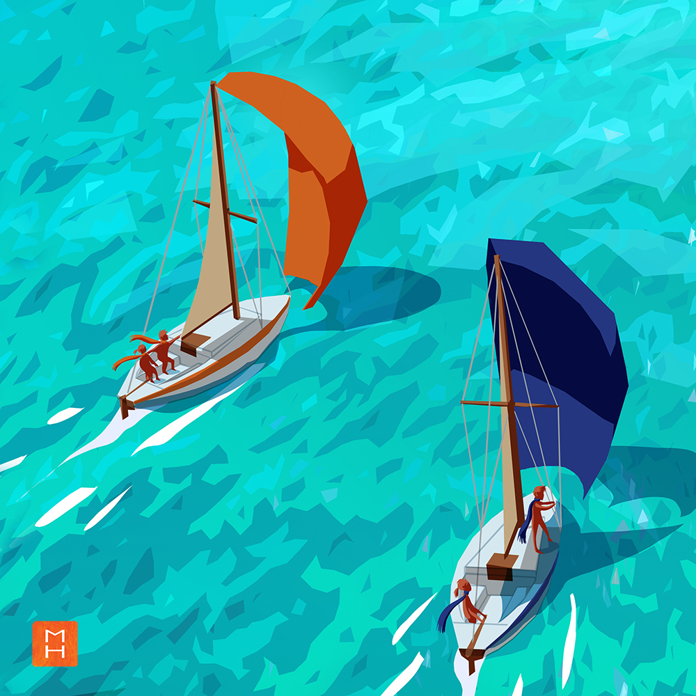 Illustration de l'affiche la fabrique du Changement par Margot Huguet vue sur deux bateaux se dirigeant vers l'archipel de la tranformation