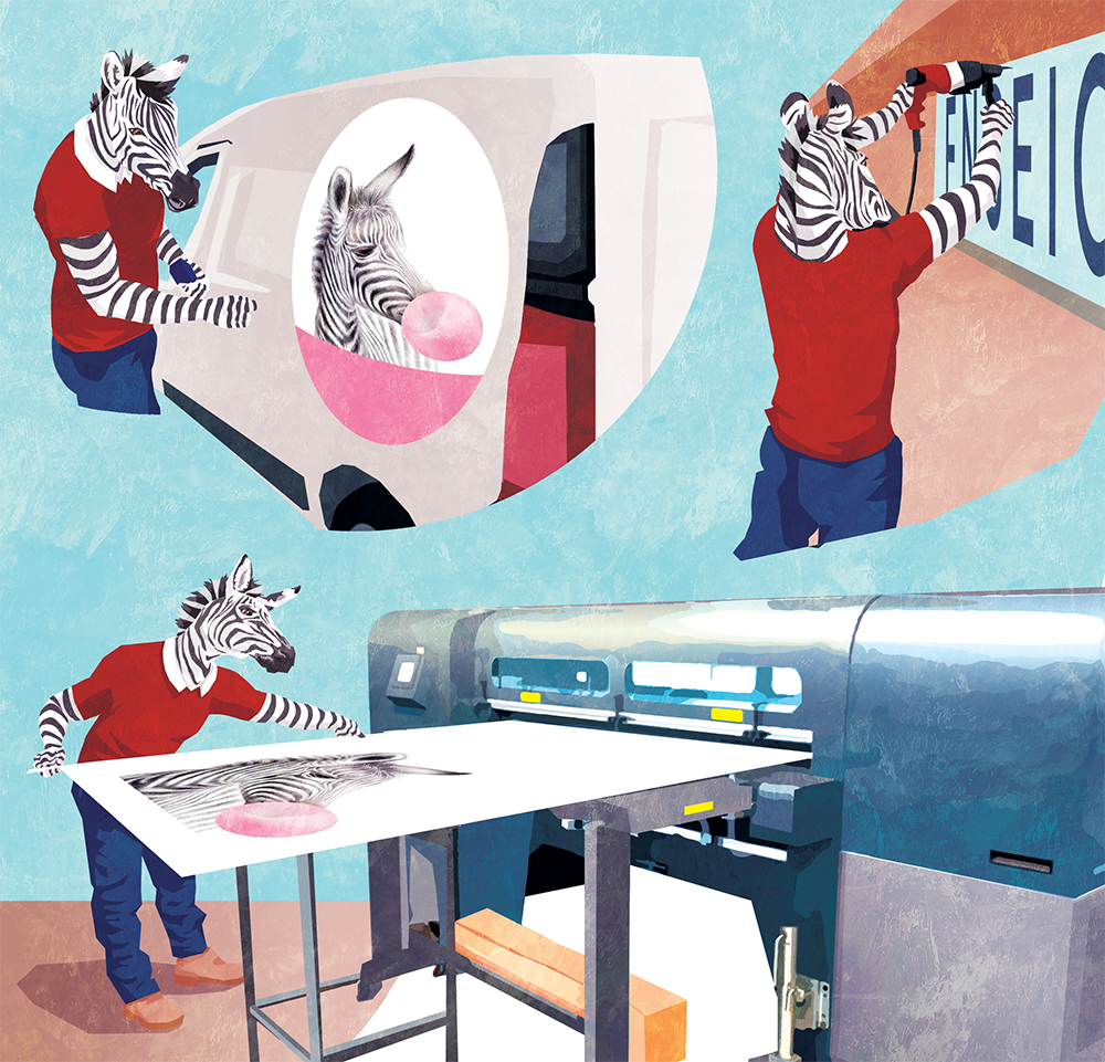 Couverture du livret illustré pour NCS Graphic Studio, trois zèbres en action d'impression illustratrice Margot Huguet