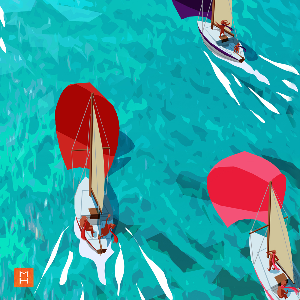 Illustration de l'affiche la fabrique du Changement par Margot Huguet vue sur trois bateaux se dirigeant vers l'archipel de la tranformation