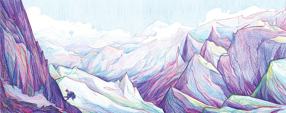 Planche 12 – page 23- 24 WEB siwa traverse la montagne; livre jeunesse illustré par margot huguet