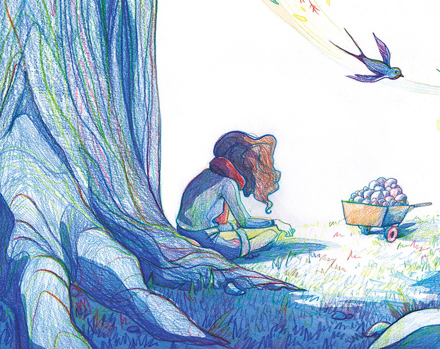 Planche 14 – page 27 WEB siwa se repose près d'un arbre, livre jeunesse illustré par margot huguet